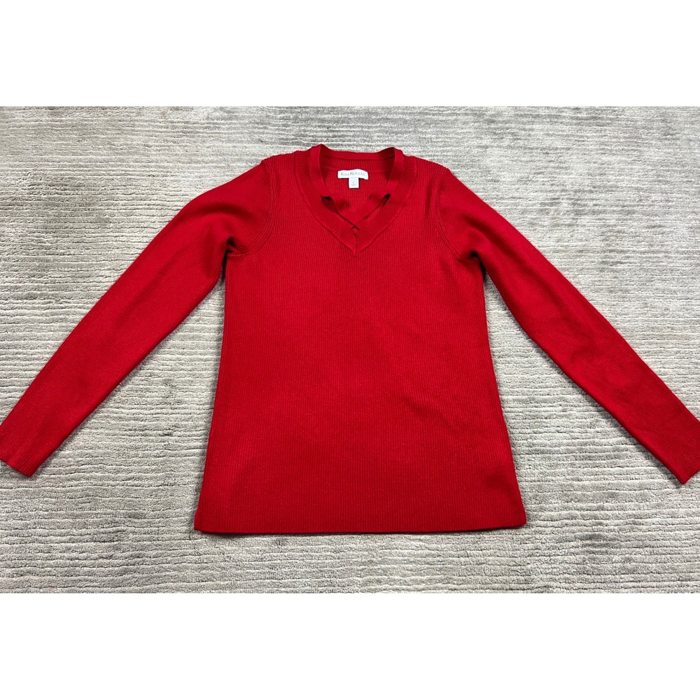 Kim Rogers Womens Red Ribbed Knit Strappy V-Neck Long Sleeve Sweater Largeâ